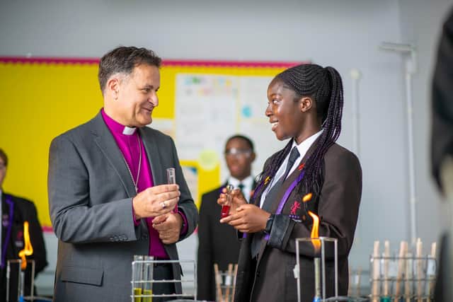 Bishop Jonathan with Charter Academy head girl Christina Barnard. Picture: Diocese of Portsmouth.