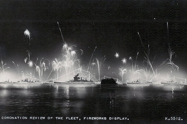 The fleet lit up for the Coronation Fleet Review at Spithead in 1953. Fireworks display. Picture: Avaon Davies