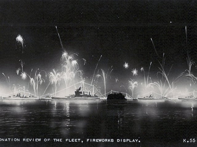 The fleet lit up for the Coronation Fleet Review at Spithead in 1953. Fireworks display. Picture: Avaon Davies