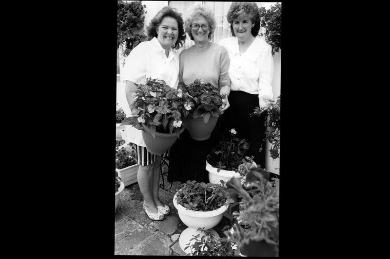 Kay Clarke, Margaret Poulter and Liz Marriot in Gosport for the Best Bloomin Street, 1993. The News PP5514