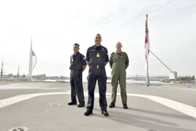 The News Portsmouth had the chance to come aboard the aircraft carrier on Friday, September 8, ahead of its deployment that evening. Pictured is: (l-r) Commanding Officer of HMS Queen Elizabeth, Captain Will King RN, Commodore James Blackmore, Commander of the Carrier Strike Group and Captain Mark Sparrow RN, Commander Air Group. Picture: Sarah Standing (080923-8325)