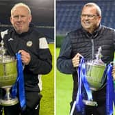 Horndean coaches Ollie Bennett and Darren Robson, left, with the Portsmouth Senior Cup. Right - Deans boss Michael Birmingham with the silverware.