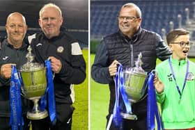 Horndean coaches Ollie Bennett and Darren Robson, left, with the Portsmouth Senior Cup. Right - Deans boss Michael Birmingham with the silverware.