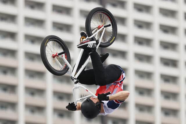 Declan Brooks  performs a blackflip during the Men's BMX Freestyle seeding event on day eight of the Tokyo Olympics at Ariake Urban Sports Park. Photo by Ezra Shaw/Getty Images.