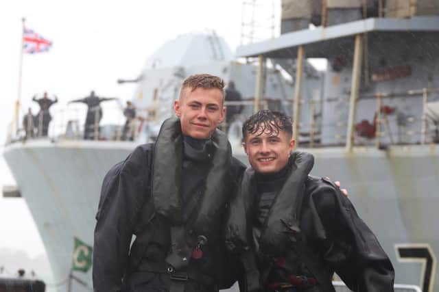 Sailors from HMS Westminster pictured returning to Portsmouth on a damp morning after 110 days at sea. Photo: Royal Navy
