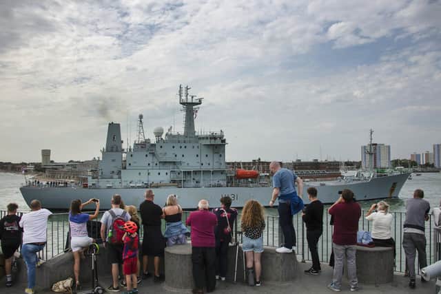 Pictured: Royal Navy survey ship HMS Scott arrives into Portsmouth Naval Base. Photo: LPhot Dan Rosenbaum