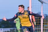 Kieran Roberts wheels away after scoring his second goal against Kidlington in the FA Trophy at the weekend. Moneys are back at Dover Road on Tuesday against Barnstaple in the Southern League. Picture: Martyn White.