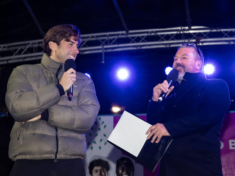 Hundreds of residents descended on Commercial Road to watch local dance troops and celebrities come together to turn on the Christmas lights.
Pictured - James Argent and Shaun Williamson sang YMCA to the crowds
Photos by Alex Shute