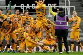 Adam May (far right) with his Cambridge team-mates after their Newcastle giant-killing (Photo by Stu Forster/Getty Images)