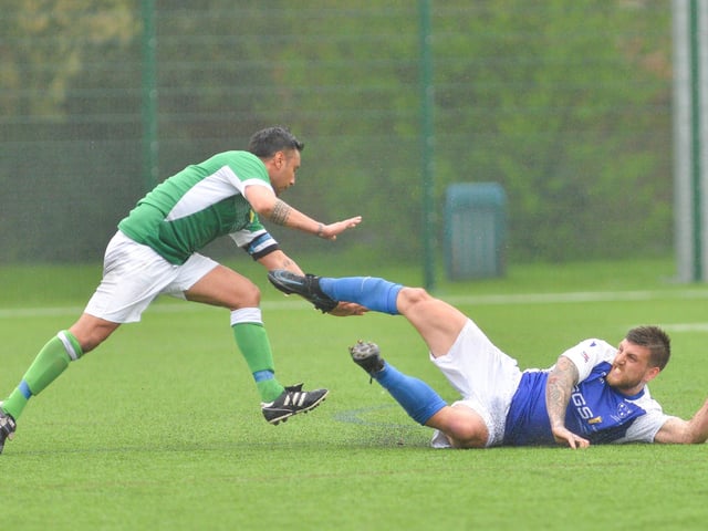 Denmead (blue) v Moneyfields. Picture by Martyn White