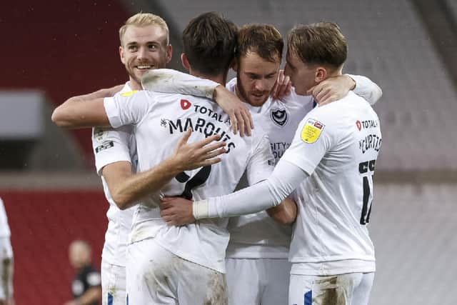 Pompey celebrate John Marquis' first goal at Sunderland. Picture: Daniel Chesterton