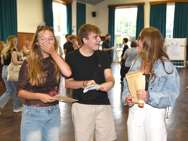 A-Level results day at King's Academy Bay House in Gosport, Hampshire.L-R Eleanor Warringer, Cameron Irvine, Anya Middleton Please credit: Paul Jacobs/pictureexclusive.com
