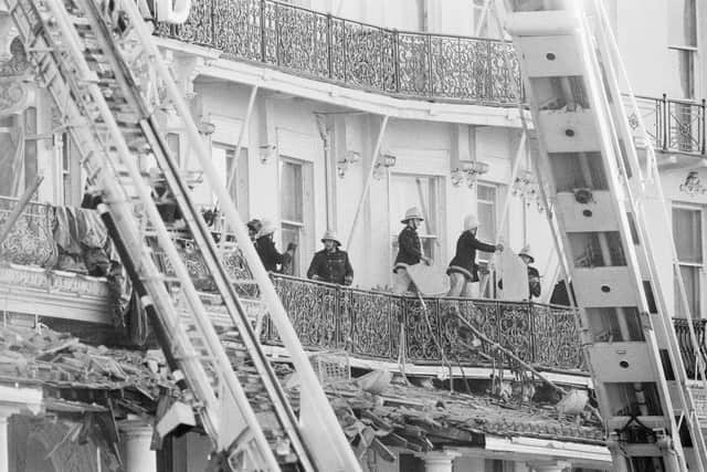Firemen at the Grand Hotel in Brighton after a bombing by the IRA, during the Conservative Party Conference, 12th October 1984. (Photo by Mike Lawn/Daily Express/Hulton Archive/Getty Images)