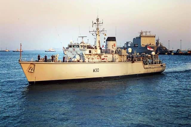 HMS Ledbury sailing from the jetty at Bahrain. Photo: Royal Navy