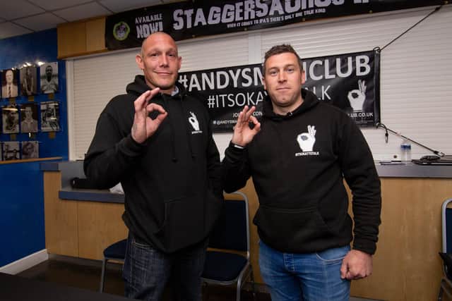Health and wellbeing fayre at Fratton Park, Portsmouth on Friday 29th April 2022

Pictured: Matt Taylor and Adam Bland of Andy Mans Club

Picture: Habibur Rahman