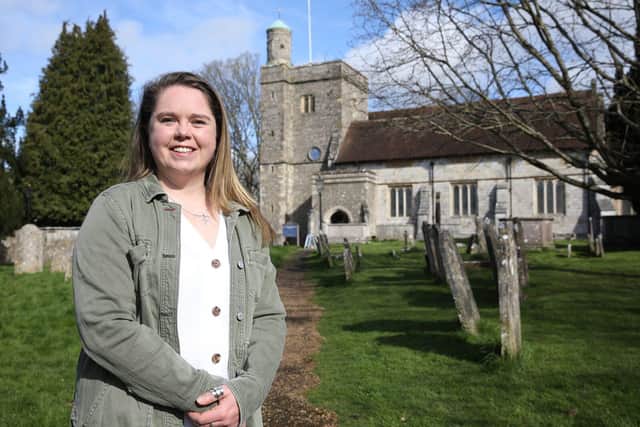 Lizzie Davidson outside St Peter's Church, Bishop's Waltham.