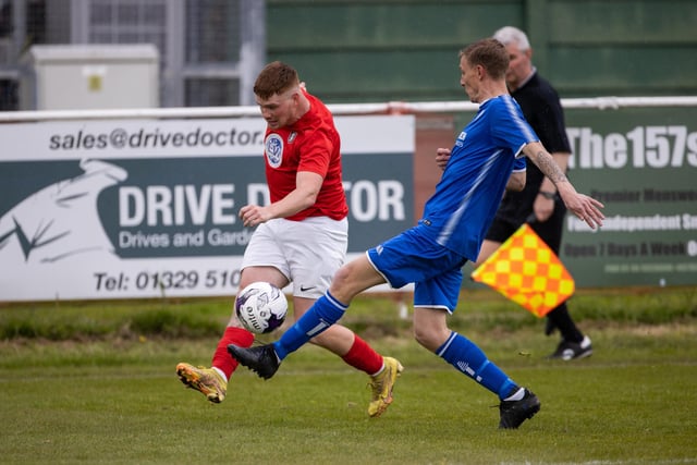 Action from Gosport Town's 4-0 victory over Lee Rangers (blue kit) in the Portsmouth & District FA Trophy final at Cams Alders. Picture: Alex Shute