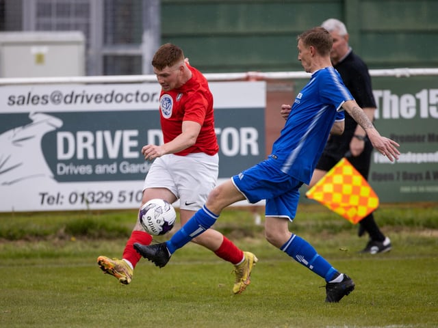 Action from Gosport Town's 4-0 victory over Lee Rangers (blue kit) in the Portsmouth & District FA Trophy final at Cams Alders. Picture: Alex Shute
