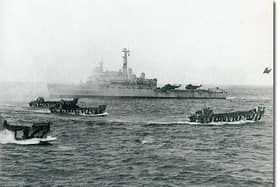 HMS Fearless deploys her landing craft during the Falklands War.