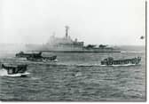 HMS Fearless deploys her landing craft during the Falklands War.
