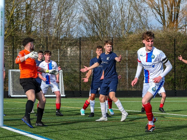 Callum Mann celebrates putting St Vincent 3-0 up. Picture: Chris Moorhouse