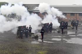 The 21-round salute took place at midday, the exact moment the King was crowned monarch, delivered by the Garrison Artillery Volunteers (GAV) (060523-3299)