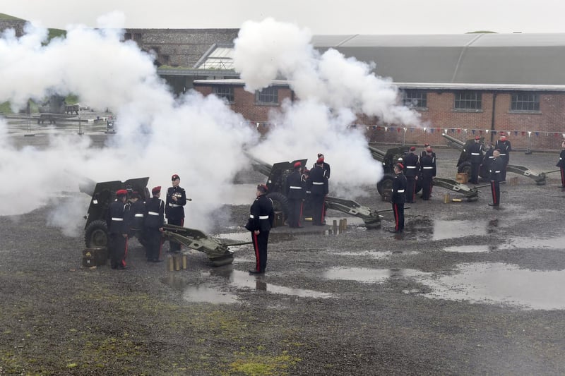 The 21-round salute took place at midday, the exact moment the King was crowned monarch, delivered by the Garrison Artillery Volunteers (GAV) (060523-3299)