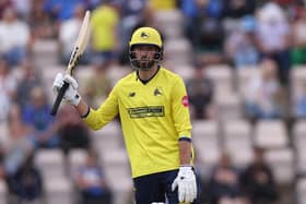 James Vince of Hampshire acknowledges his  seventh half century of the 2023 Vitality Blast T20 campaign against Gloucestershire on Sunday. Picture by Richard Heathcote/Getty.