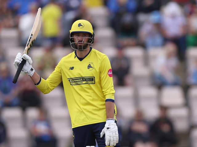 James Vince of Hampshire acknowledges his  seventh half century of the 2023 Vitality Blast T20 campaign against Gloucestershire on Sunday. Picture by Richard Heathcote/Getty.