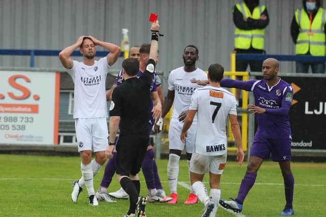 Former Hawks player Josh Taylor, hands on head, saw red as Dartford ran out 2-1 winners in a play-off semi-final meeting on their last visit to Westleigh Park in July 2020 Picture: Dave Haines