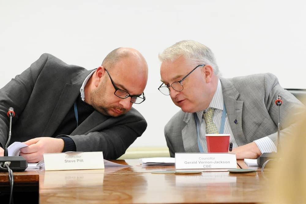 Lib Dem councillors voted unanimously to scrap Victory Energy for the second time at a council meeting at Portsmouth Guildhall on November 27, 2018. Cllr Steve Pitt and leader of Portsmouth City Council Gerald Vernon-Jackson. Picture: Sarah Standing (180850-9286)