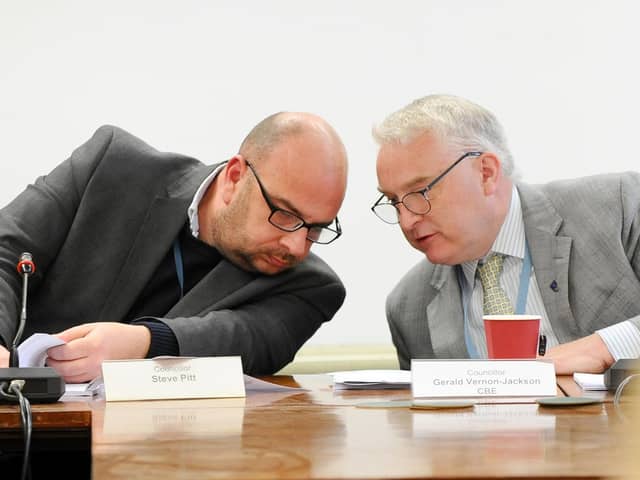 Lib Dem councillors voted unanimously to scrap Victory Energy for the second time at a council meeting at Portsmouth Guildhall on November 27, 2018. Cllr Steve Pitt and leader of Portsmouth City Council Gerald Vernon-Jackson. Picture: Sarah Standing (180850-9286)