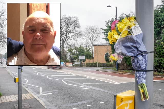 John Dognini was involved in a collision between his mobility scooter and a Vauxhall Corsa on December 2, 2019.
Pictured on December 17, 2019: Floral tributes at the crossing when the collision happened in London Road, Waterlooville.
Inset, John Dognini Picture: Habibur Rahman/Hampshire police