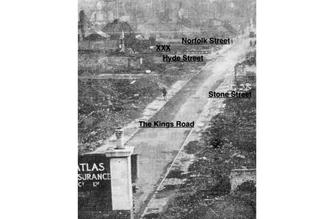 XXX is where the boys had their kickabout. King's Road after the blitz of January 10, 1941.  Picture: The News