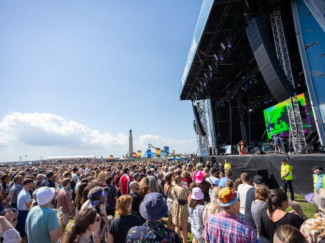The crowd already gathered for first band of the day, Primal Scream. Photos by Alex Shute
