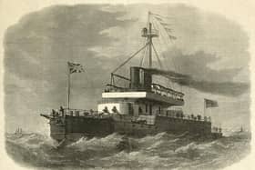 An engraving of HMS Devastation the first of two Devastation-class mastless steam propelled turret armed ironclad warships of the Royal Navy armed with four RML 12-inch (305 mm) rifled muzzle-loading guns at sea following her launch on 12 July 1871 at the Royal Dockyard Portsmouth, Portsmouth, England.  Original publication: Illustrated London News. (Photo by Illustrated London News/Hulton Archive/Getty Images)