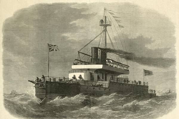 An engraving of HMS Devastation the first of two Devastation-class mastless steam propelled turret armed ironclad warships of the Royal Navy armed with four RML 12-inch (305 mm) rifled muzzle-loading guns at sea following her launch on 12 July 1871 at the Royal Dockyard Portsmouth, Portsmouth, England.  Original publication: Illustrated London News. (Photo by Illustrated London News/Hulton Archive/Getty Images)