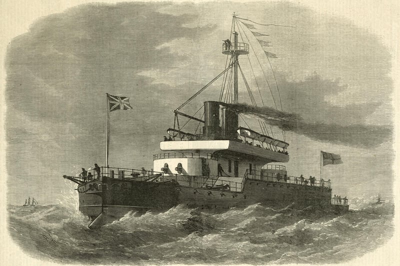 An engraving of HMS Devastation the first of two Devastation-class mastless steam propelled turret armed ironclad warships of the Royal Navy armed with four RML 12-inch (305 mm) rifled muzzle-loading guns at sea following her launch on 12 July 1871 at the Royal Dockyard Portsmouth, Portsmouth, England.  Original publication: Illustrated London News. (Photo by Illustrated London News/Hulton Archive/Getty Images)