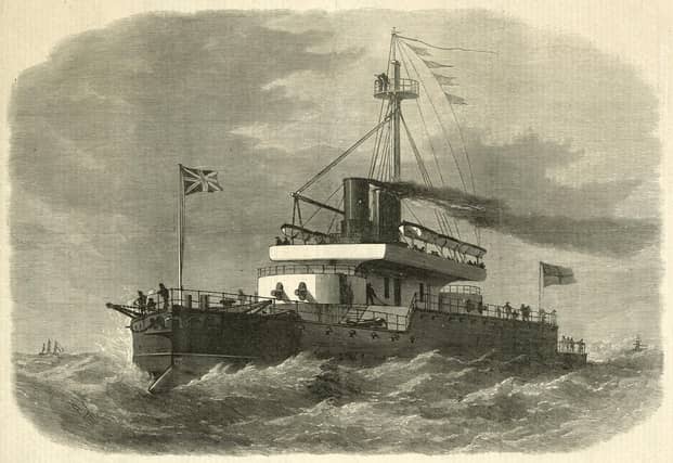 An engraving of HMS Devastation the first of two Devastation-class mastless steam propelled turret armed ironclad warships of the Royal Navy armed with four RML 12-inch (305 mm) rifled muzzle-loading guns at sea following her launch on 12 July 1871 at the Royal Dockyard Portsmouth, Portsmouth, England. Original publication: Illustrated London News. (Photo by Illustrated London News/Hulton Archive/Getty Images)
