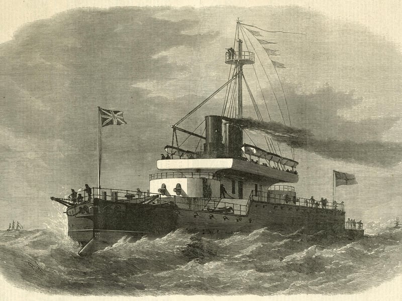 An engraving of HMS Devastation the first of two Devastation-class mastless steam propelled turret armed ironclad warships of the Royal Navy armed with four RML 12-inch (305 mm) rifled muzzle-loading guns at sea following her launch on 12 July 1871 at the Royal Dockyard Portsmouth, Portsmouth, England.  Original publication: Illustrated London News. (Photo by Illustrated London News/Hulton Archive/Getty Images)