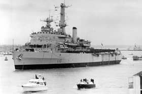 HMS Fearless leaaving Portsmouth Harbour for the Falklands War in April 1982. The News PP4724