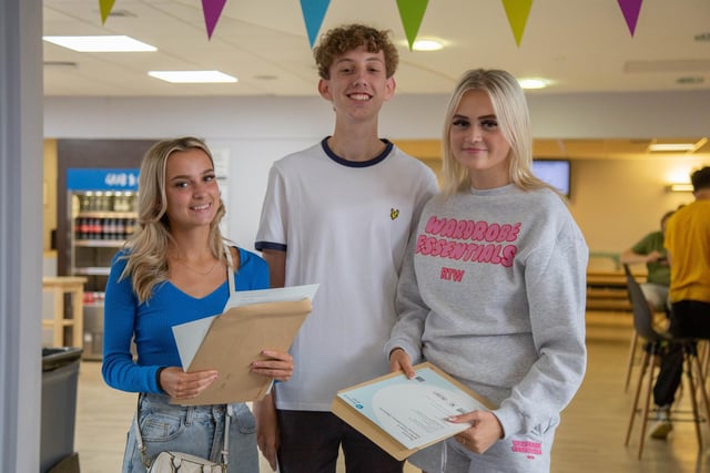 Pictured: Gracie Joyce, Frankie Hardham and Abbi Donnelly with their A-level results. Picture: Habibur Rahman