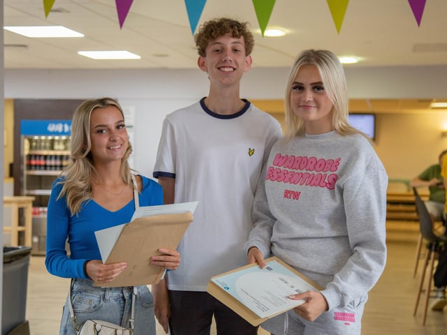 Pictured: Gracie Joyce, Frankie Hardham and Abbi Donnelly with their A-level results. Picture: Habibur Rahman