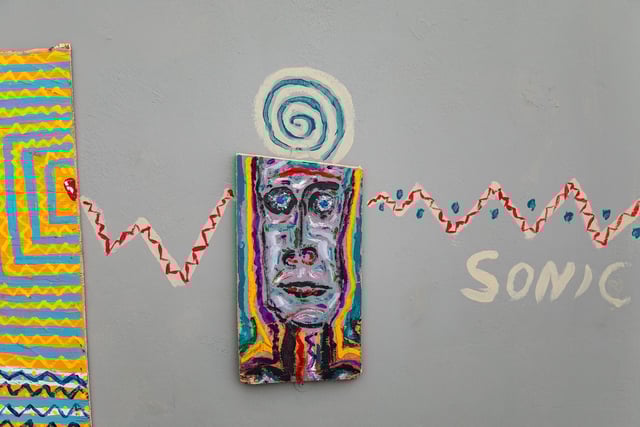 Mr Parmiter has an alter ego called 'Lord Sonic' - with the name depicted in this piece. Picture: Mike Cooter (081022)