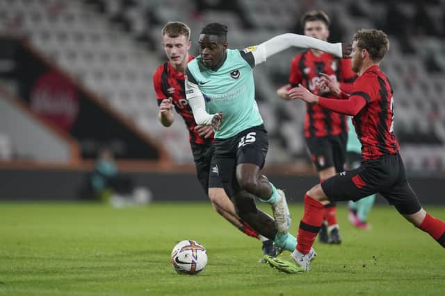 Jay Mingi marked his Pompey comeback in the Hampshire Senior Cup at Bournemouth, yet is still to find a way back into the first-team squad. Picture: Jason Brown