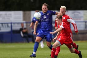 Tyler Moret, left, pictured in action for Baffins Milton Rovers, grabbed his first Moneyfields goals with a double in their win at Cowes Sports. Picture: Chris Moorhouse