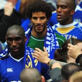 LONDON - MAY 17:  Sol Campbell and David James of Portsmouth makes their way down the Wembley steps after victory following the FA Cup Final sponsored by E.ON between Portsmouth and Cardiff City at Wembley Stadium on May 17, 2008 in London, England.  (Photo by Shaun Botterill/Getty Images)
