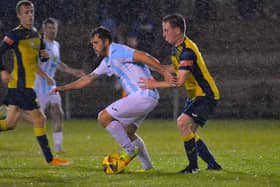 Blu Boam (left) and Tom Cain in action during Moneyfields' 4-1 Wessex League derby win over US Portsmouth at Dover Road last September. The two clubs meet again on Tuesday. Picture: Martyn White