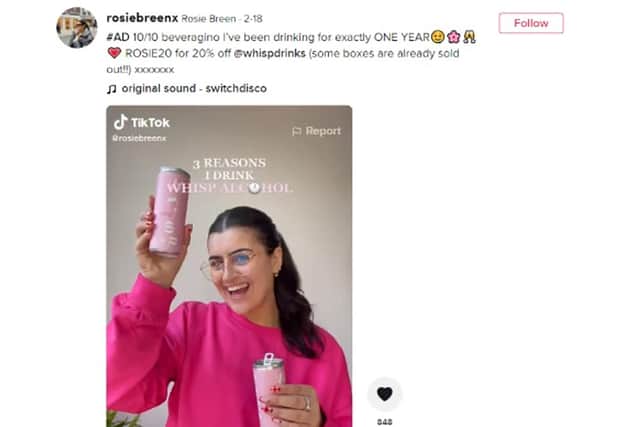 Undated handout Tik-Tok video grab issued by the Advertising Standards Authority of a TikTok post in which Rosie Breen, who is a young influencer, promoted an alcohol brand by saying it had "only 63 calories a can" and would "actually get you drunk" has been banned Picture: ASA/PA Wire