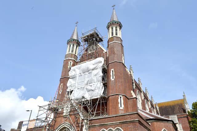 St John's Roman Catholic Cathedral in Bishop Crispian Way, Portsmouth, is undergoing urgent maintenance to one of its historic windows.

Picture: Sarah Standing
